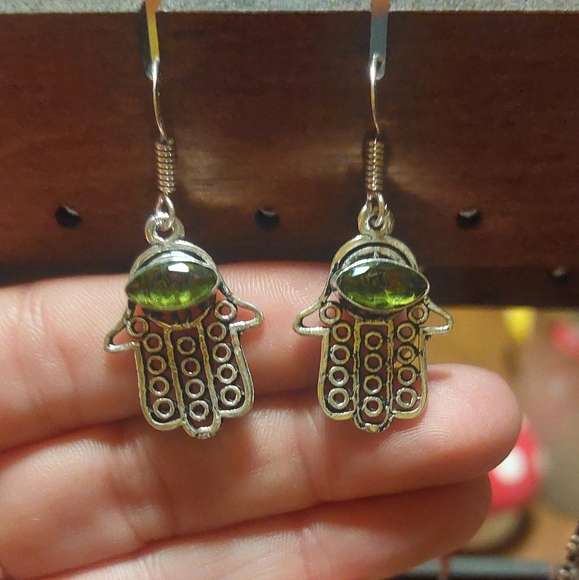 Green Peridot Hamsa Hand Drop Earrings π - Picture 3 of 5